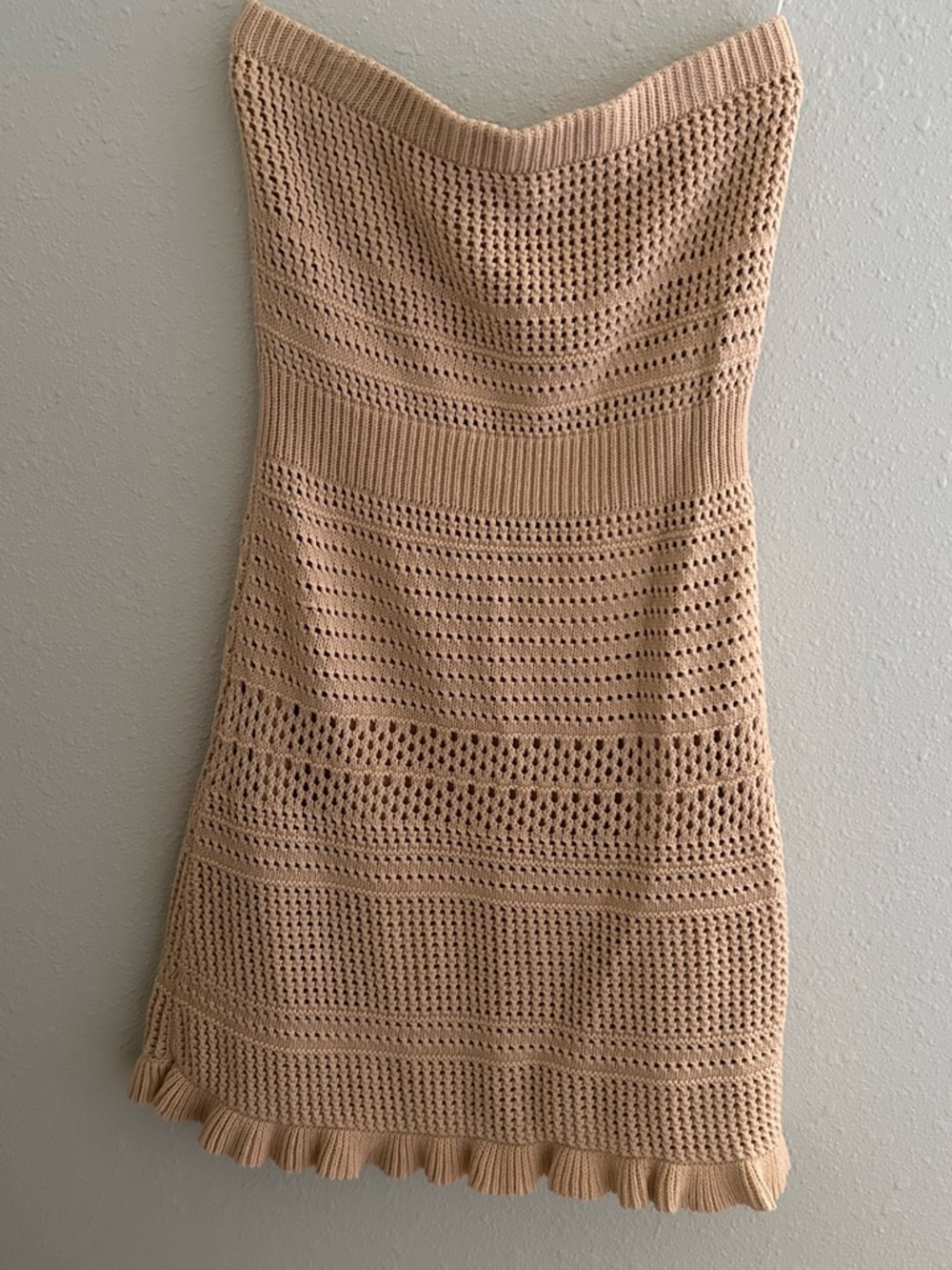 hello miss Beige Strapless Crochet Mini Dress